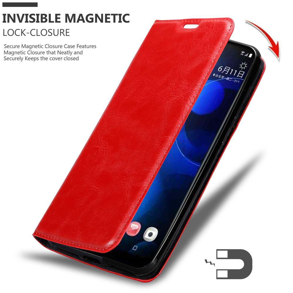 Custodia rossa per telefono, aperta. Mostra il telefono all'interno. Testo: Chiusura magnetica invisibile. Simbolo magnetico.