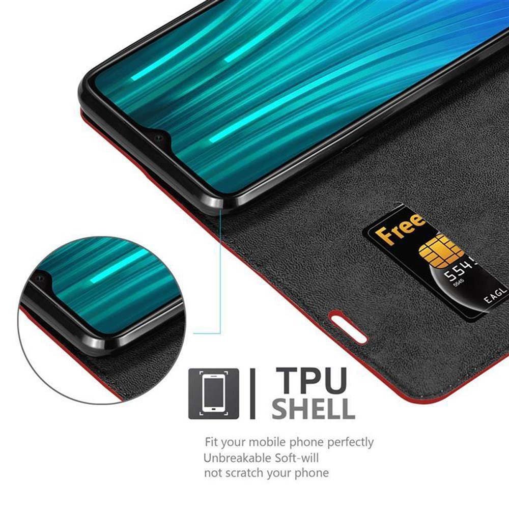 Telefono in custodia con bordi rossi, carta con scritto Free. Testo TPU Shell in basso.