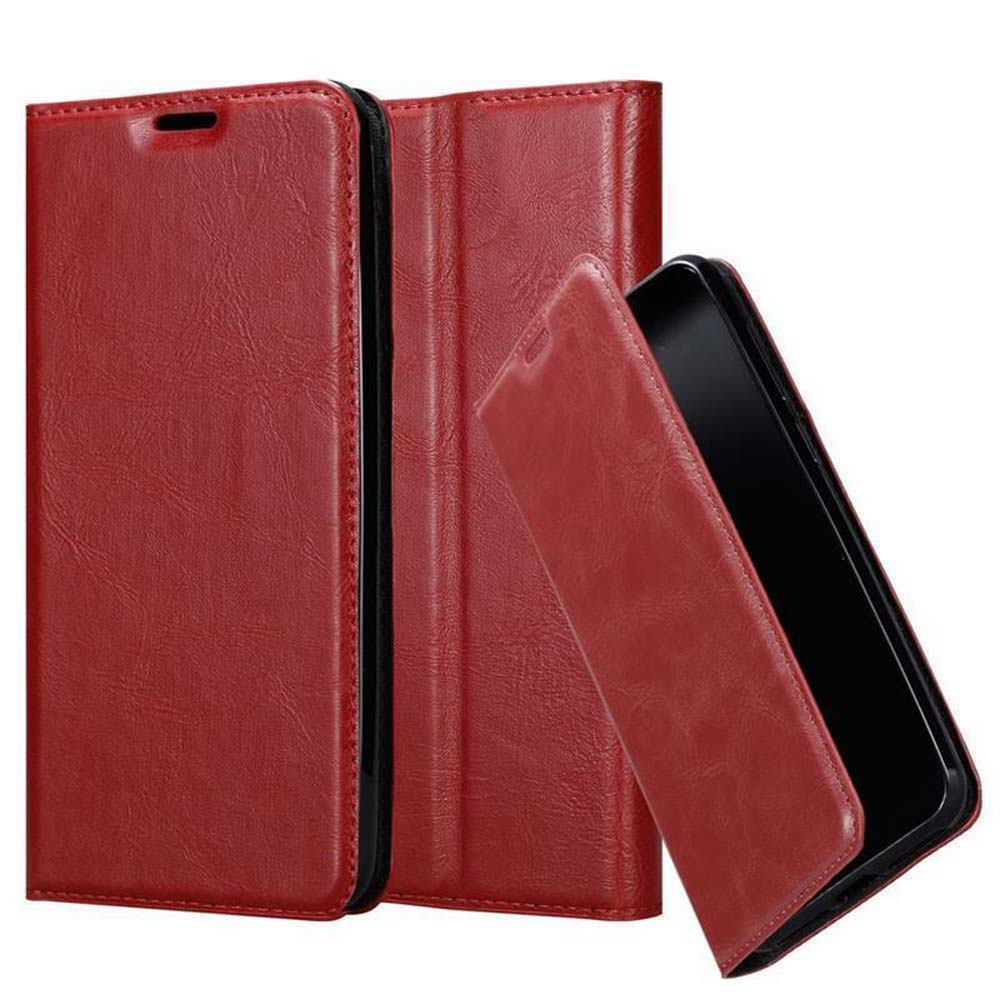 Rote Leder-Handyhülle mit Telefon darin. Eine Abdeckung ist offen.