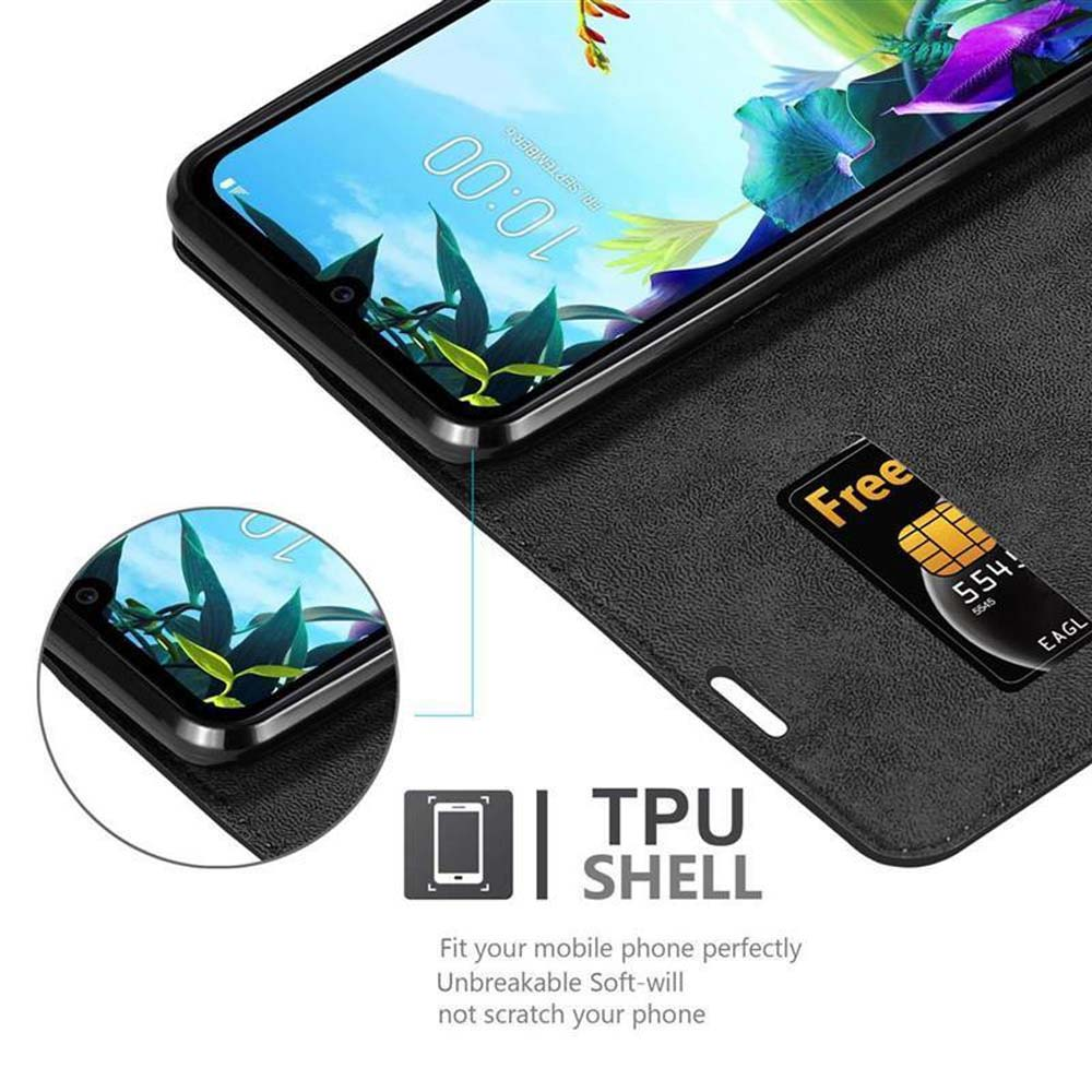 Telefono in custodia a portafoglio nera, aperta, con SIM gratuita ed etichetta TPU.