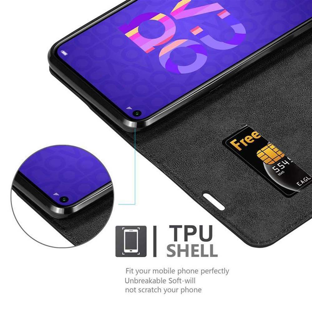 Custodia nera, aperta. Telefono con una carta dentro. Guscio in TPU.