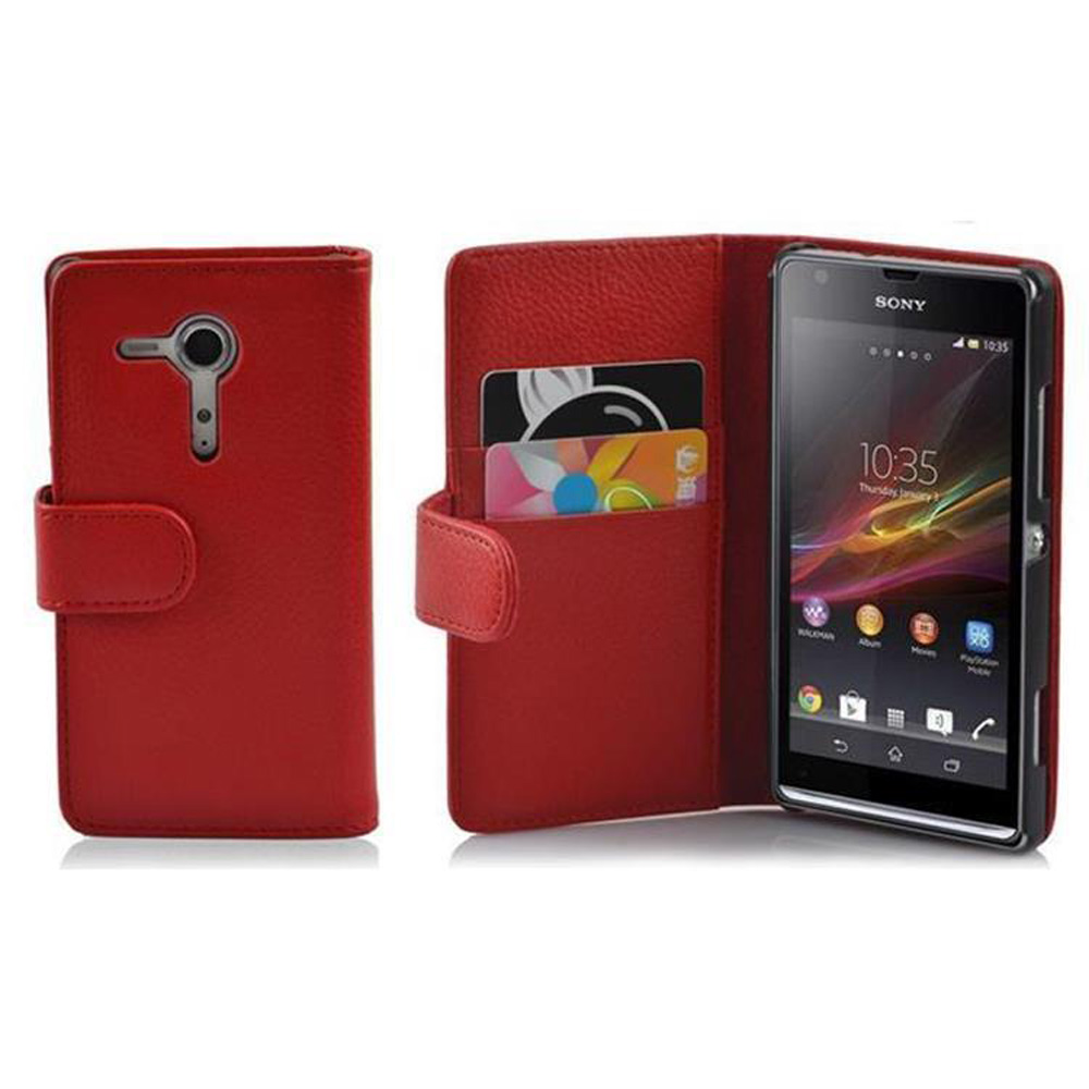 Funda roja de teléfono abierta con teléfono, tarjetas de crédito y un billete de 500 euros. Fondo blanco.