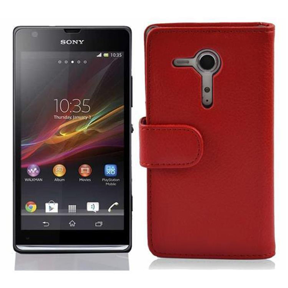 Funda de teléfono roja con un teléfono. El teléfono muestra la hora e iconos. La funda es roja y muestra un teléfono dentro.