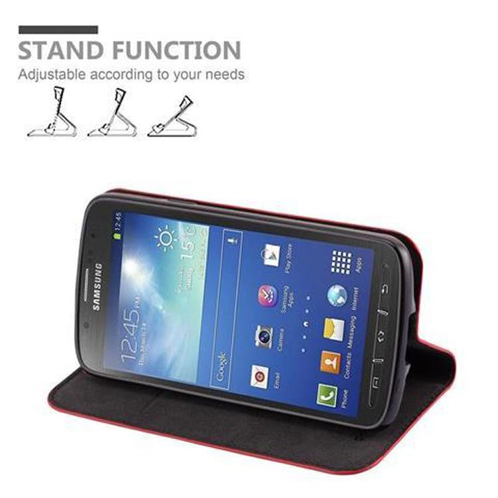 Telefon in einer Brieftaschenhülle in der Standposition. Der Bildschirm zeigt den Startbildschirm.
