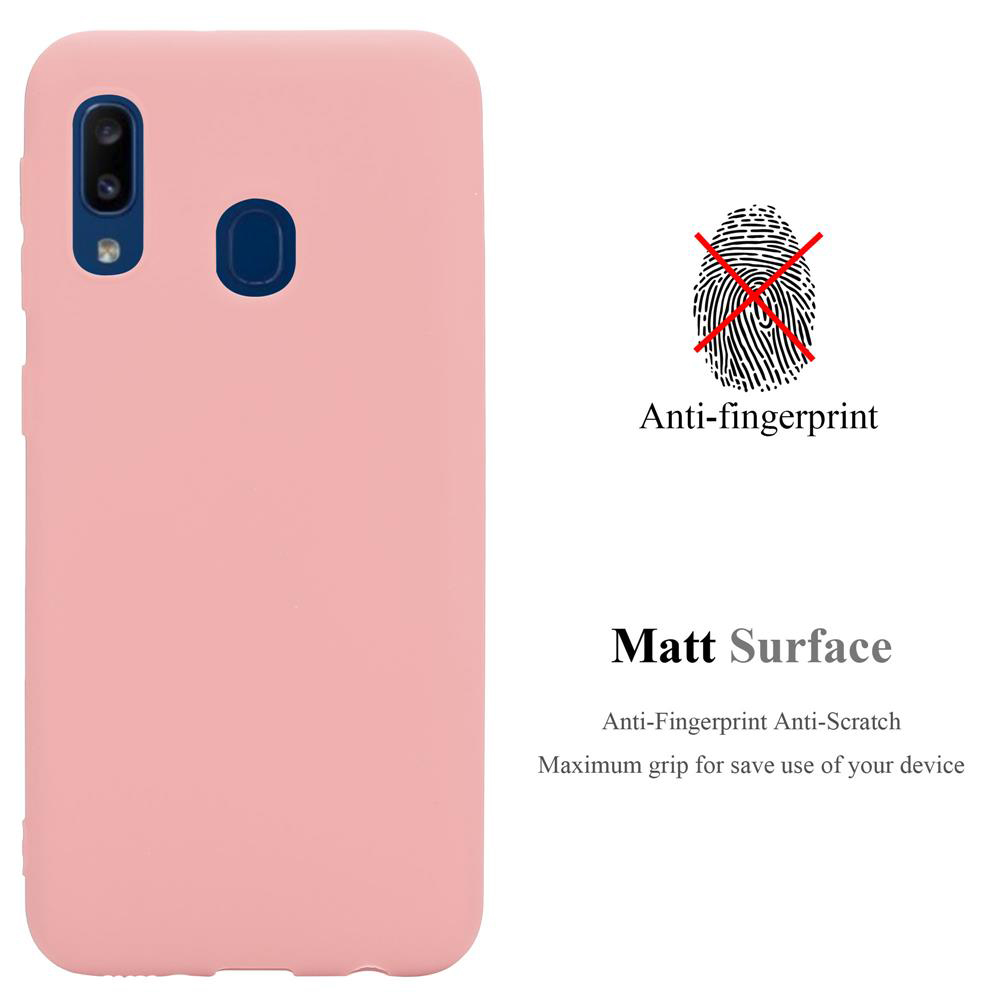 Una custodia per telefono rosa e un telefono, con testo: Anti-impronte digitali e Superficie opaca.