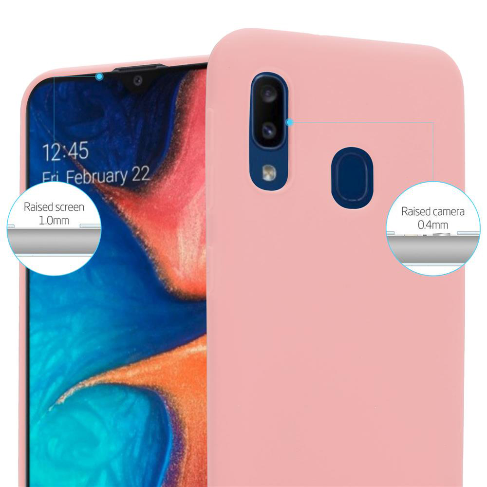 Custodia del telefono rosa. Lo schermo del telefono mostra ora e data. Schermo e fotocamera rialzati visibili.