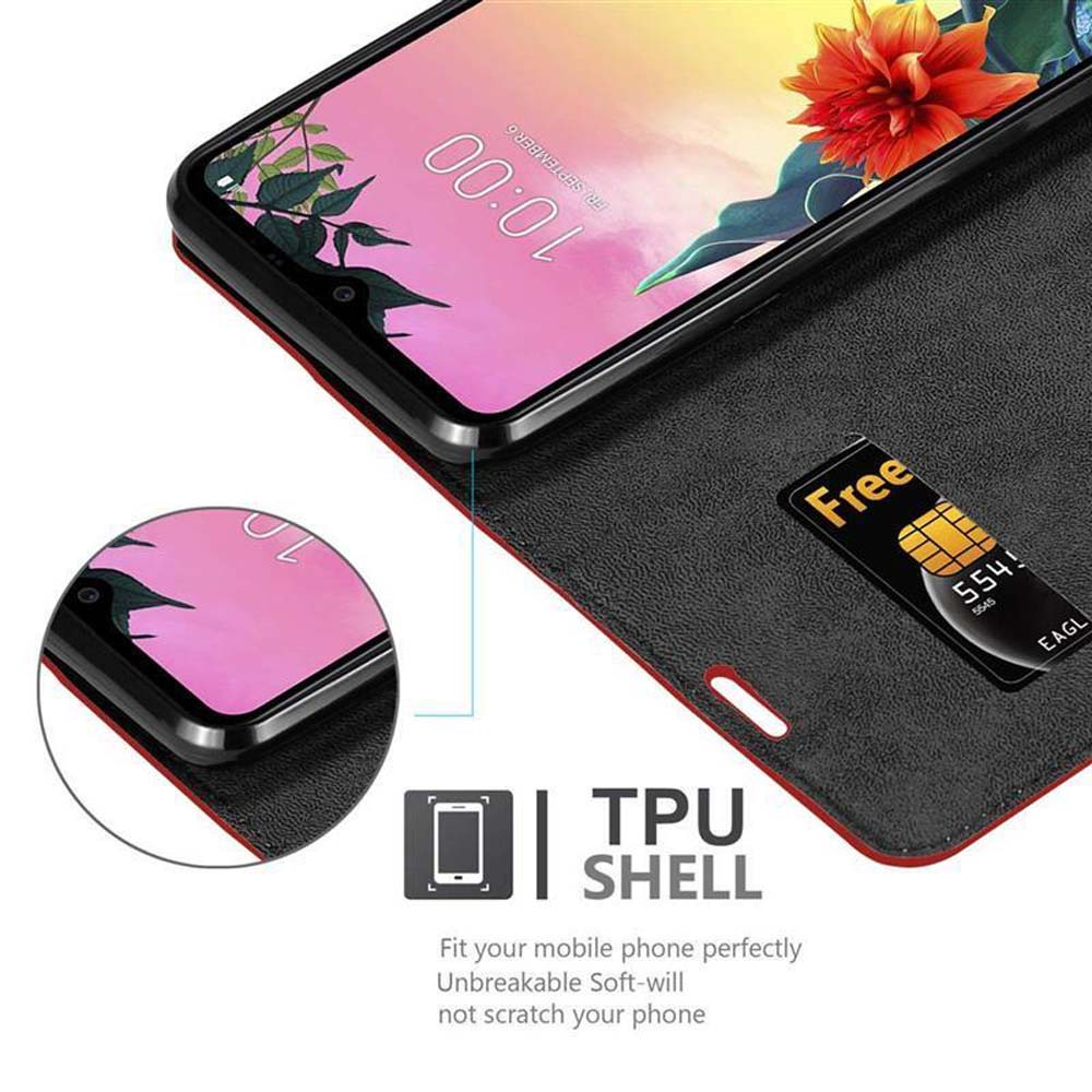 Telefono in una custodia aperta. La custodia è rossa e nera, con una SIM gratuita.