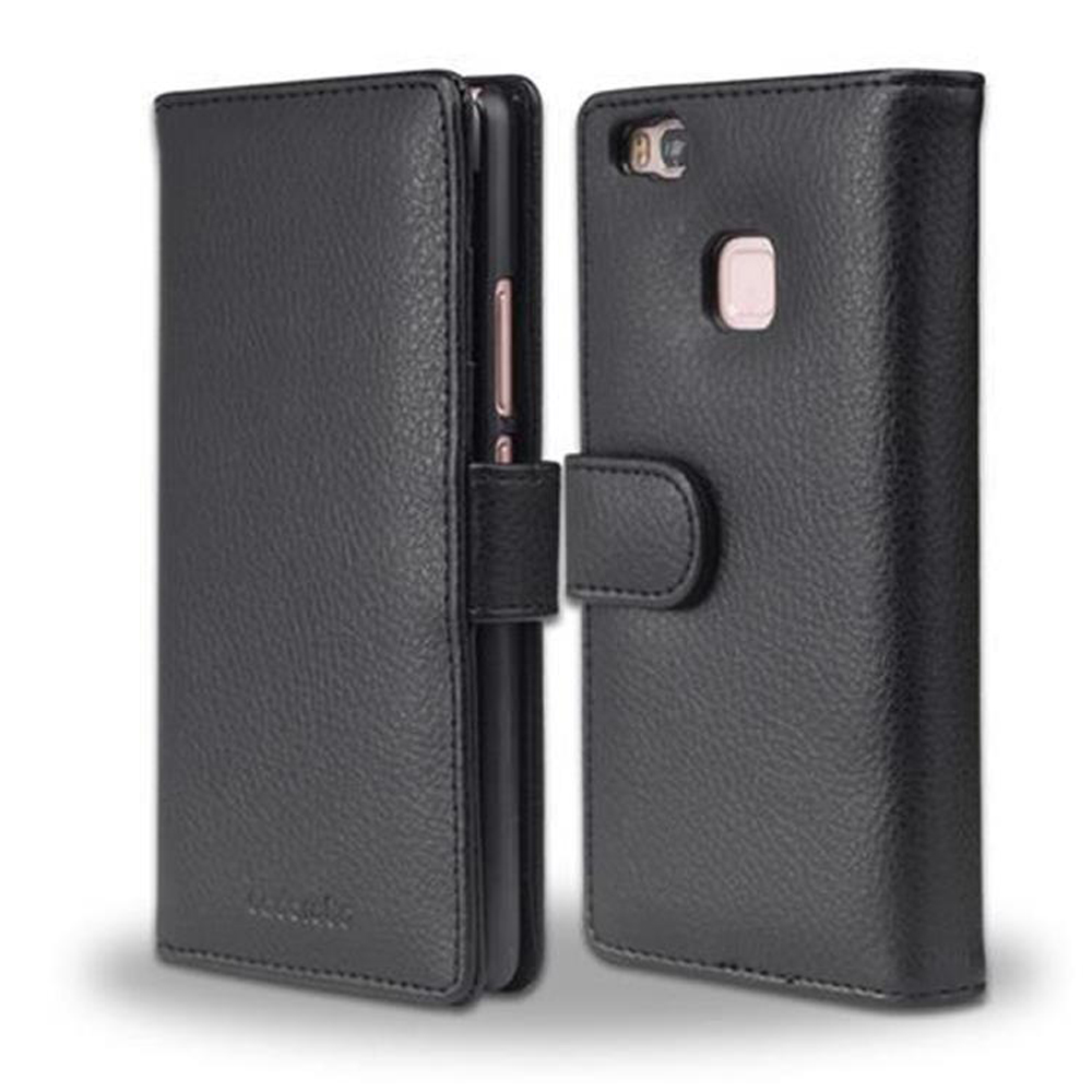 Una custodia per telefono nera, aperta. La custodia ha una chiusura magnetica.