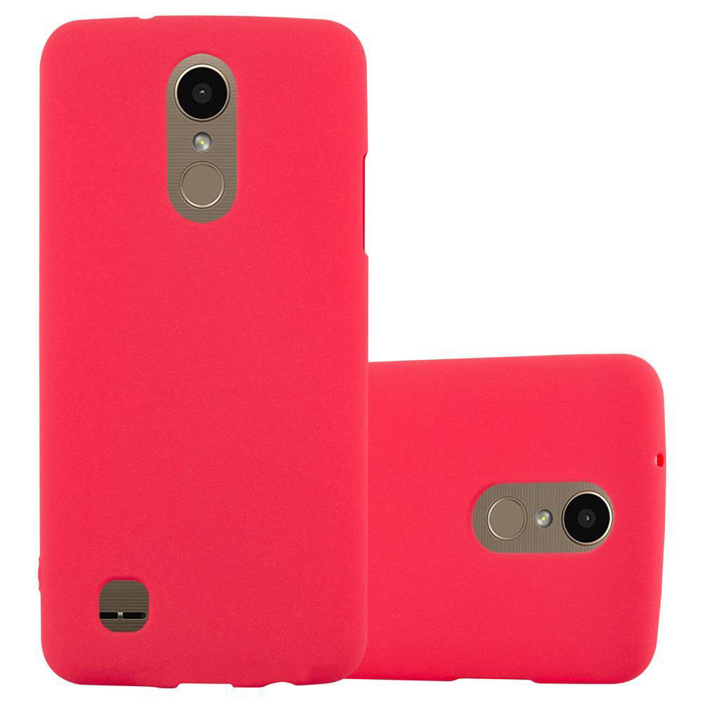 Due custodie rosse per telefono. Una frontale, l'altra posteriore, che rivela una fotocamera e un flash.