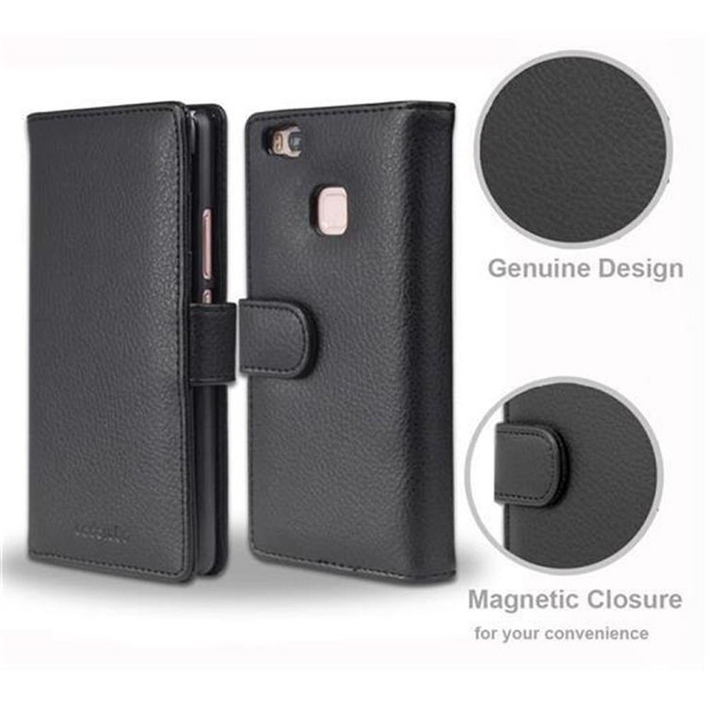 Custodia nera, chiusa e aperta. La custodia presenta una chiusura magnetica e un design autentico.