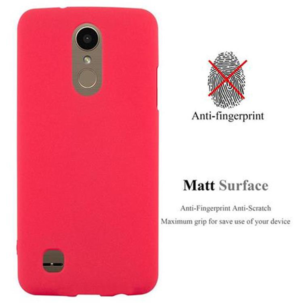 Custodia rossa per telefono con un telefono rosso all'interno. Testo: Anti-impronte, superficie opaca, antigraffio. Sfondo bianco.