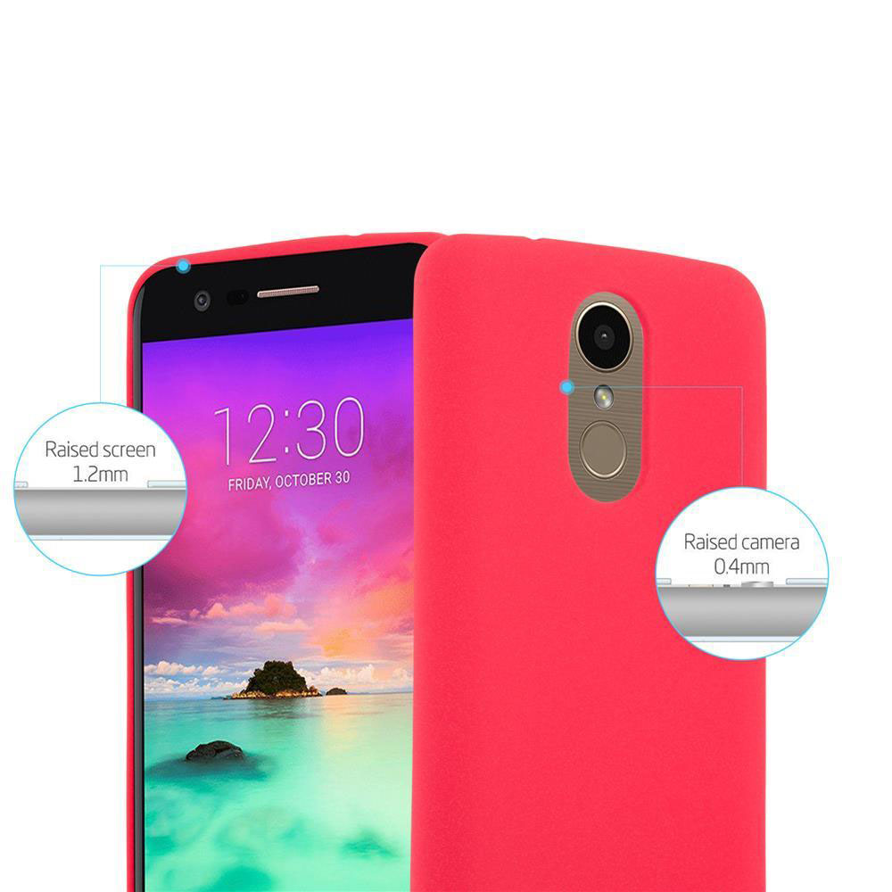 Custodia rossa per telefono con etichette che mostrano lo schermo e la fotocamera rialzati. Il retro del telefono è visibile.