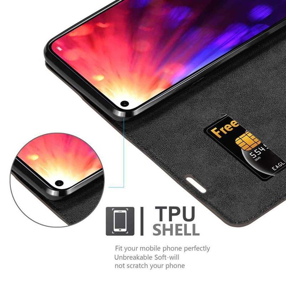 Telefono nero in custodia nera con carta. Testo: TPU Shell, infrangibile, antigraffio.