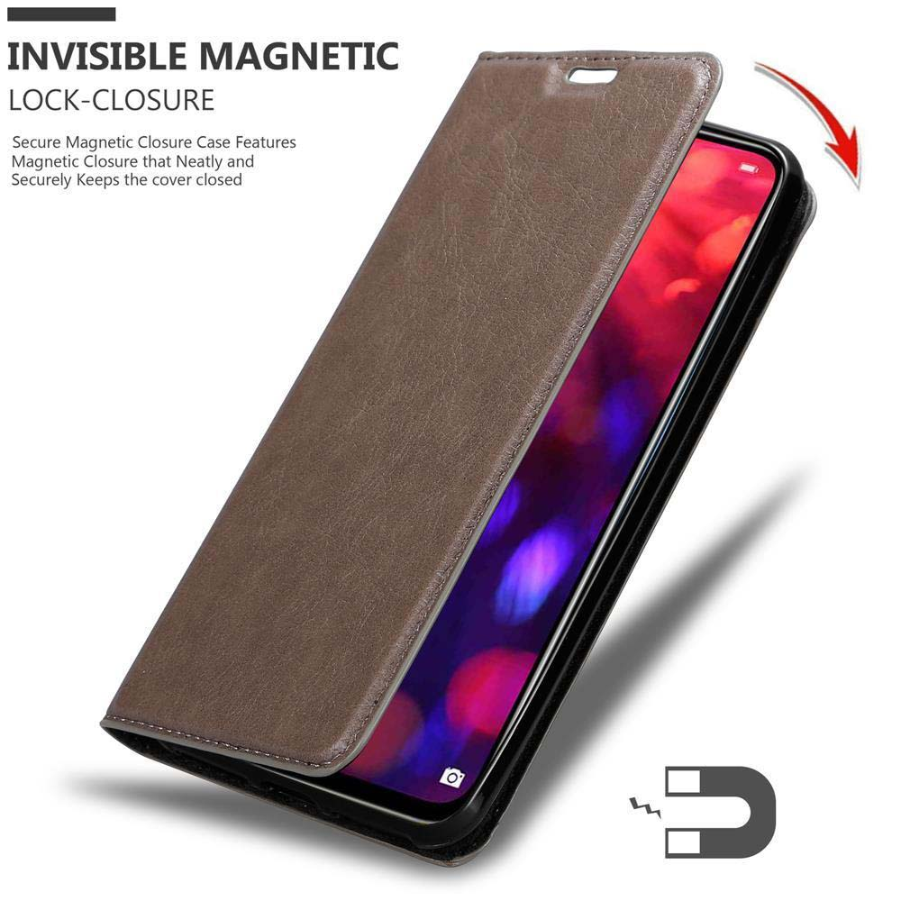 Custodia marrone aperta con chiusura magnetica, che mostra lo schermo del telefono.