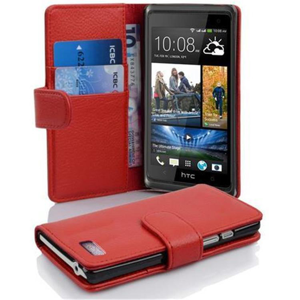 Una custodia rossa con un telefono e carte. La custodia è aperta, mostrando il telefono.