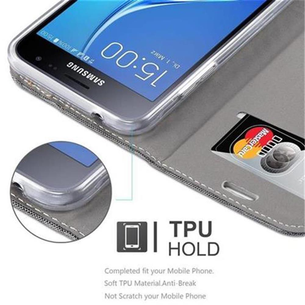 Telefono nella custodia, supporto TPU, carta di credito visibile e descrizione del prodotto.