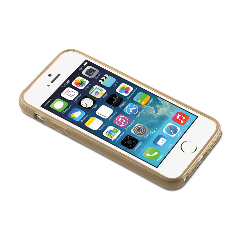 Un iPhone in una custodia di legno. Lo schermo mostra varie icone di app su uno sfondo bianco.