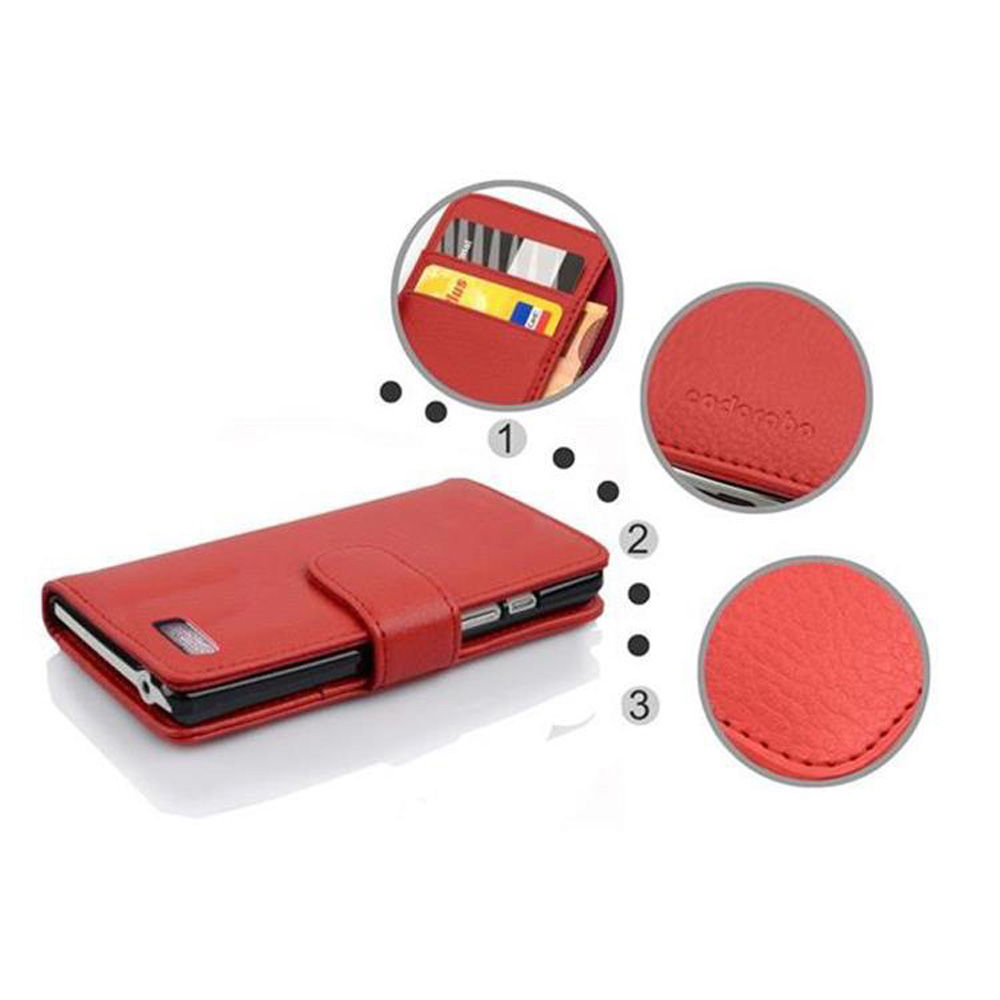 Custodia per telefono rossa con dettagli: portafoglio, consistenza. Aperta, mostra carte e telefono.