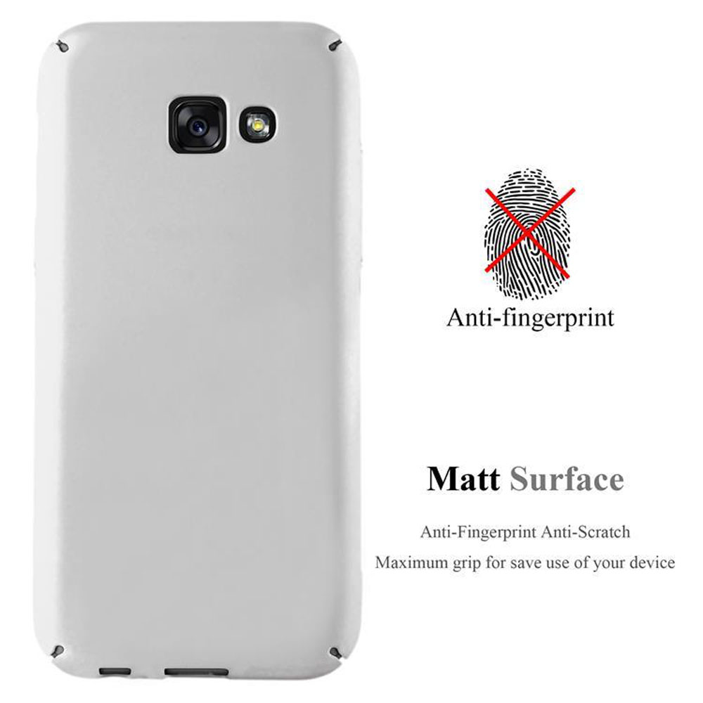Custodia bianca per telefono, simbolo dell'impronta digitale sbarrato. Testo: Superficie opaca, anti-impronta.