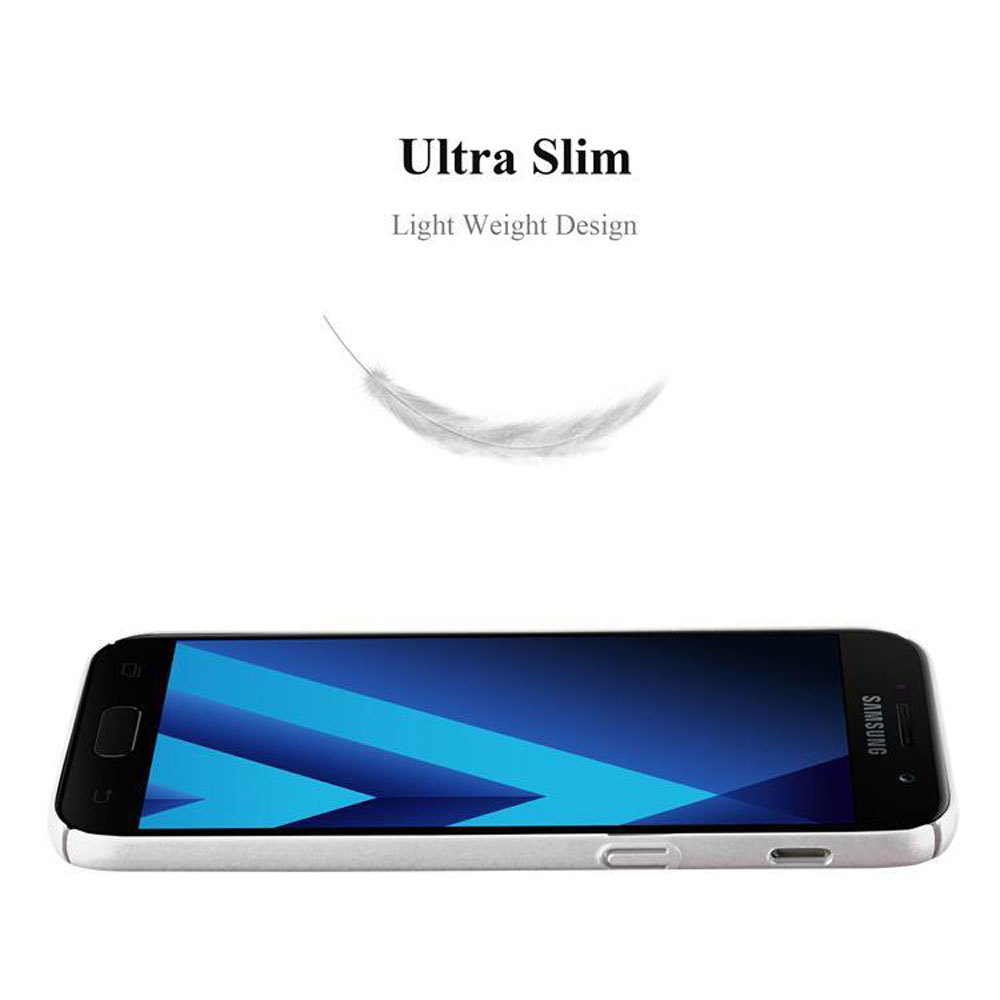 Un telefono Samsung su una superficie bianca. Una piuma fluttua sopra.