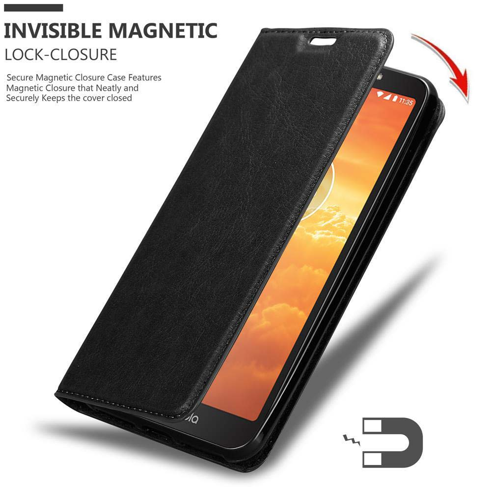 Custodia nera aperta, che mostra lo schermo del telefono. Il testo dice 'INVISIBLE MAGNETIC LOCK-CLOSURE'.