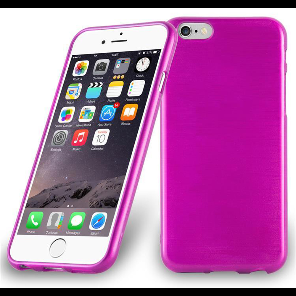 Teléfono rosa y funda rosa para teléfono. El teléfono está a la izquierda. La funda está a la derecha.