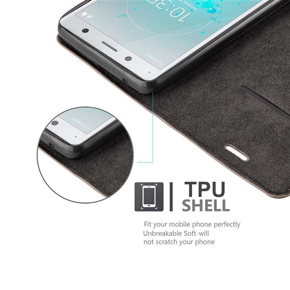 Telefono in una custodia, che mostra il guscio in TPU. Testo che descrive il guscio.