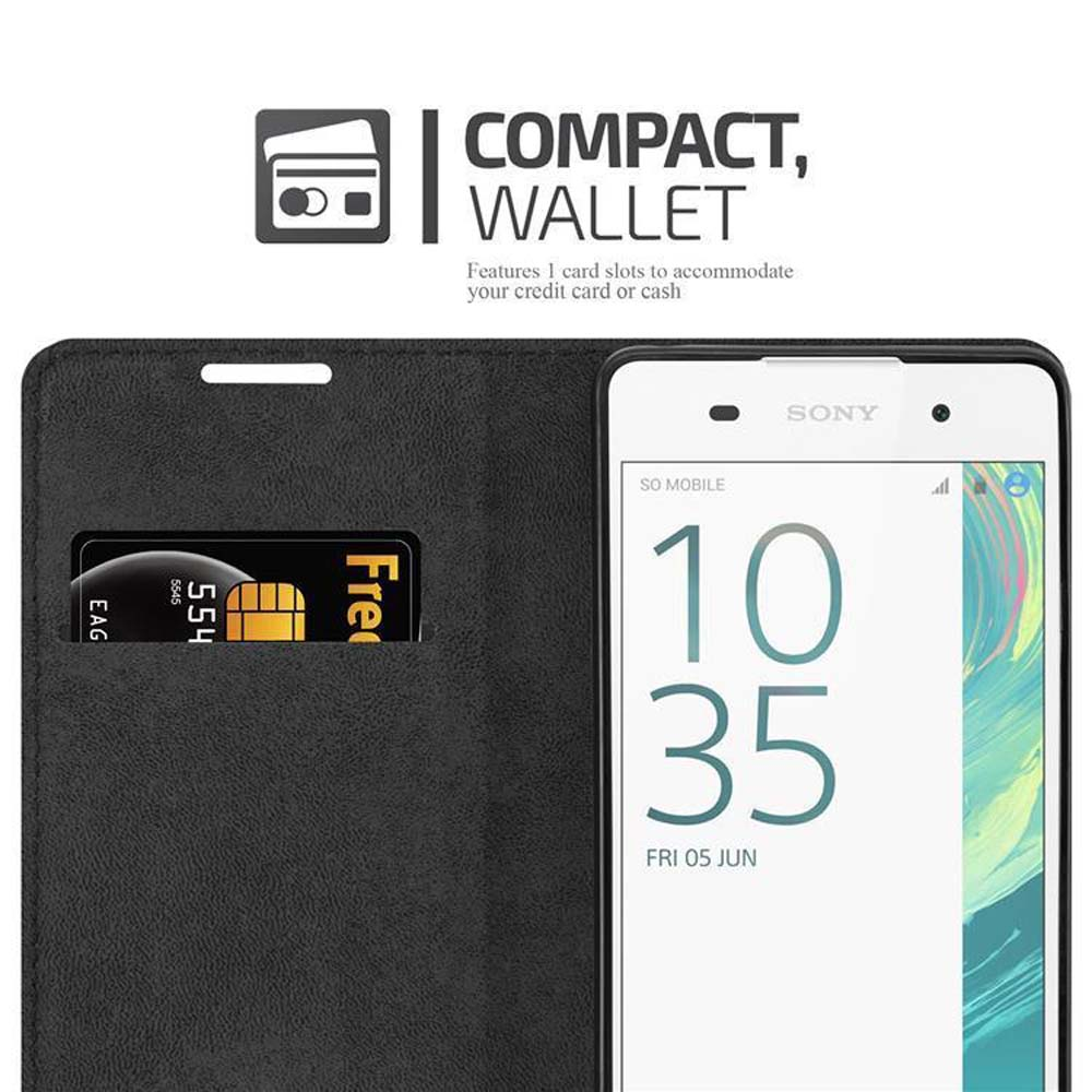 Schwarze Handyhülle mit Kartenfach und Sony-Telefon, das die Uhrzeit anzeigt.