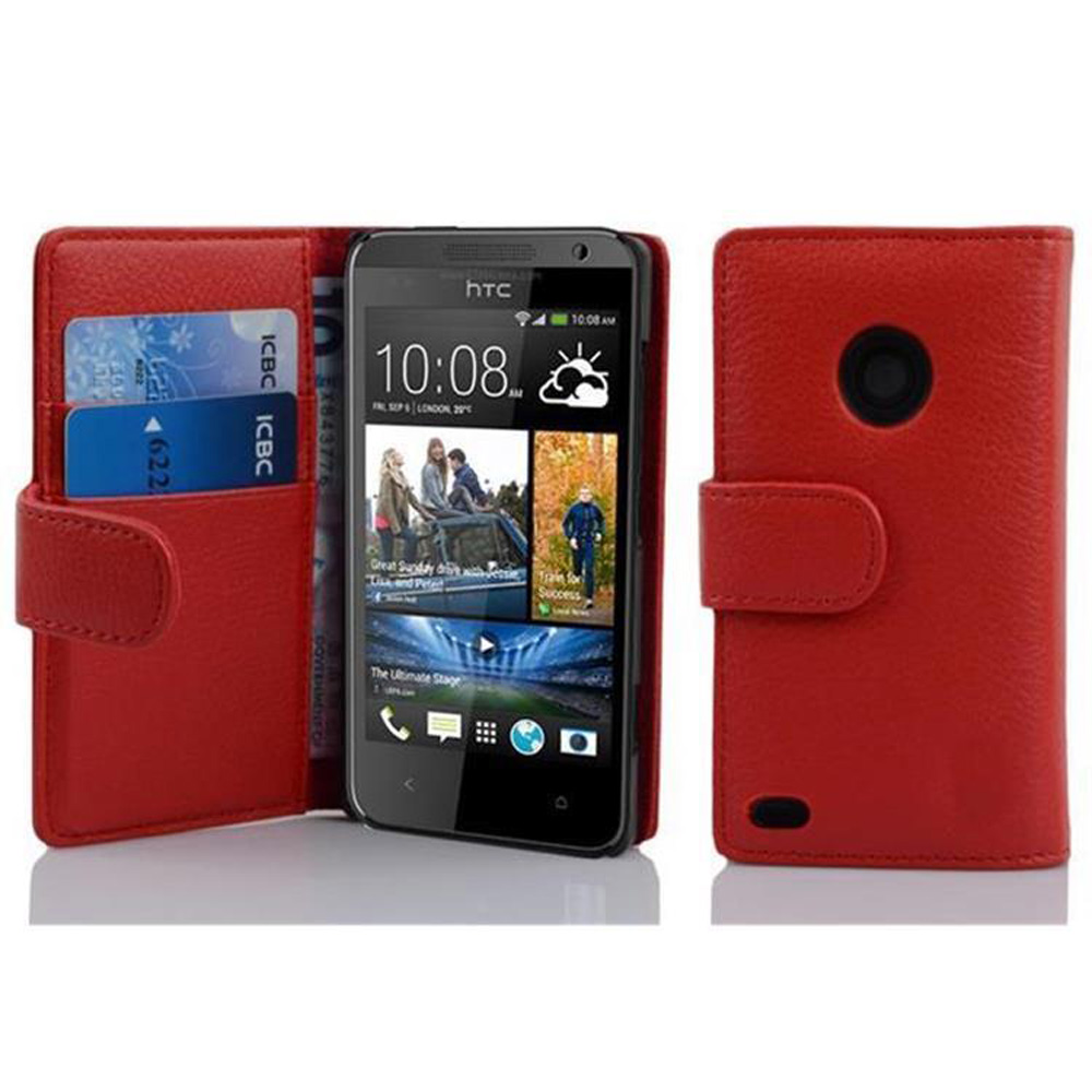 Funda roja para teléfono con teléfono dentro y tarjetas en ranuras.