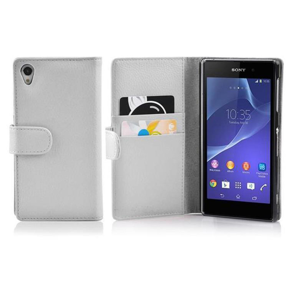 Funda de teléfono gris, abierta, con tarjetas. Teléfono visible mostrando la hora. La funda está abierta.