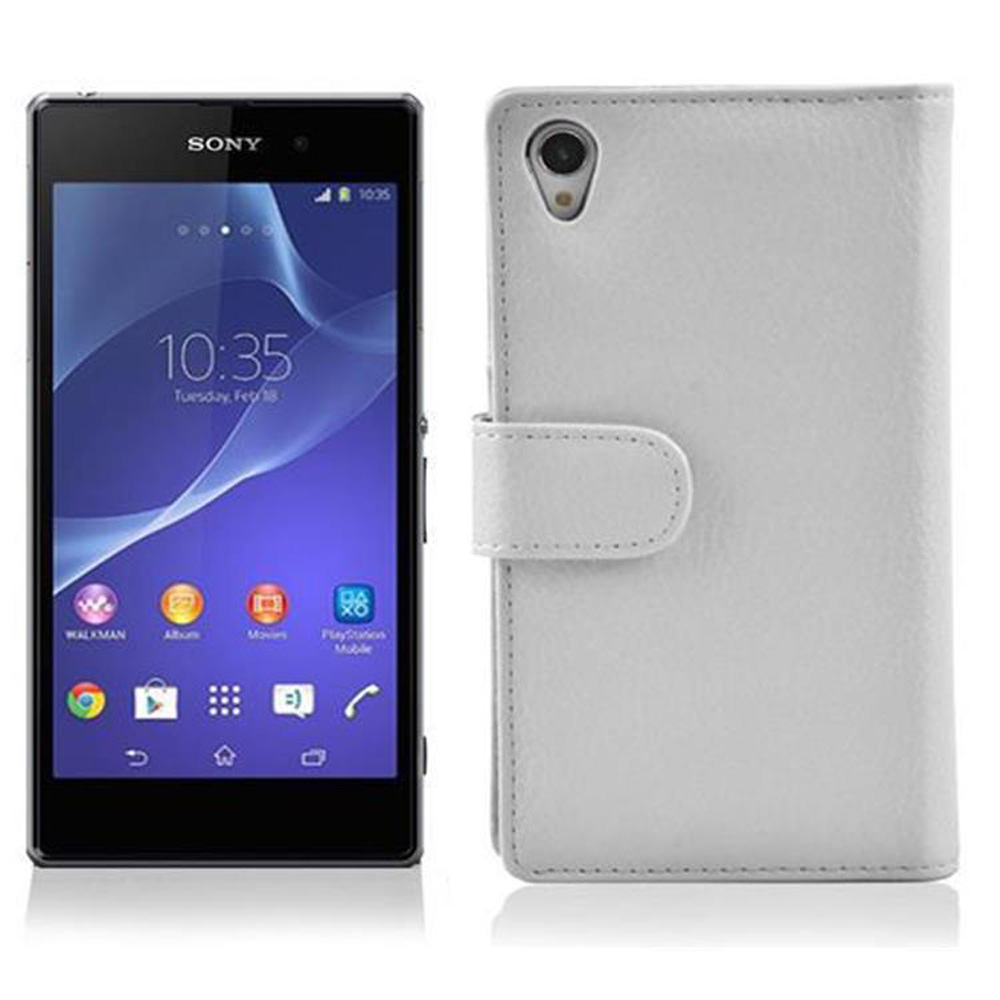 Teléfono Sony a la izquierda, funda gris a la derecha. El teléfono muestra iconos en pantalla.