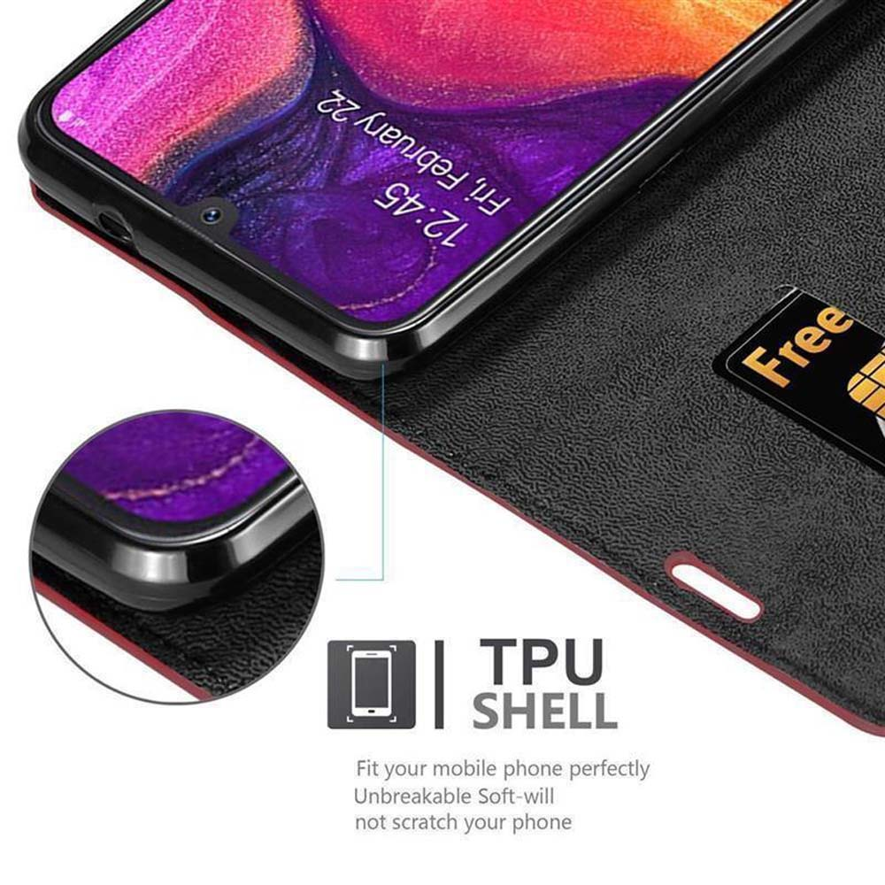 Eine Handyhülle mit einem Telefon und einer Kreditkarte. Die Hülle ist schwarz und rot.