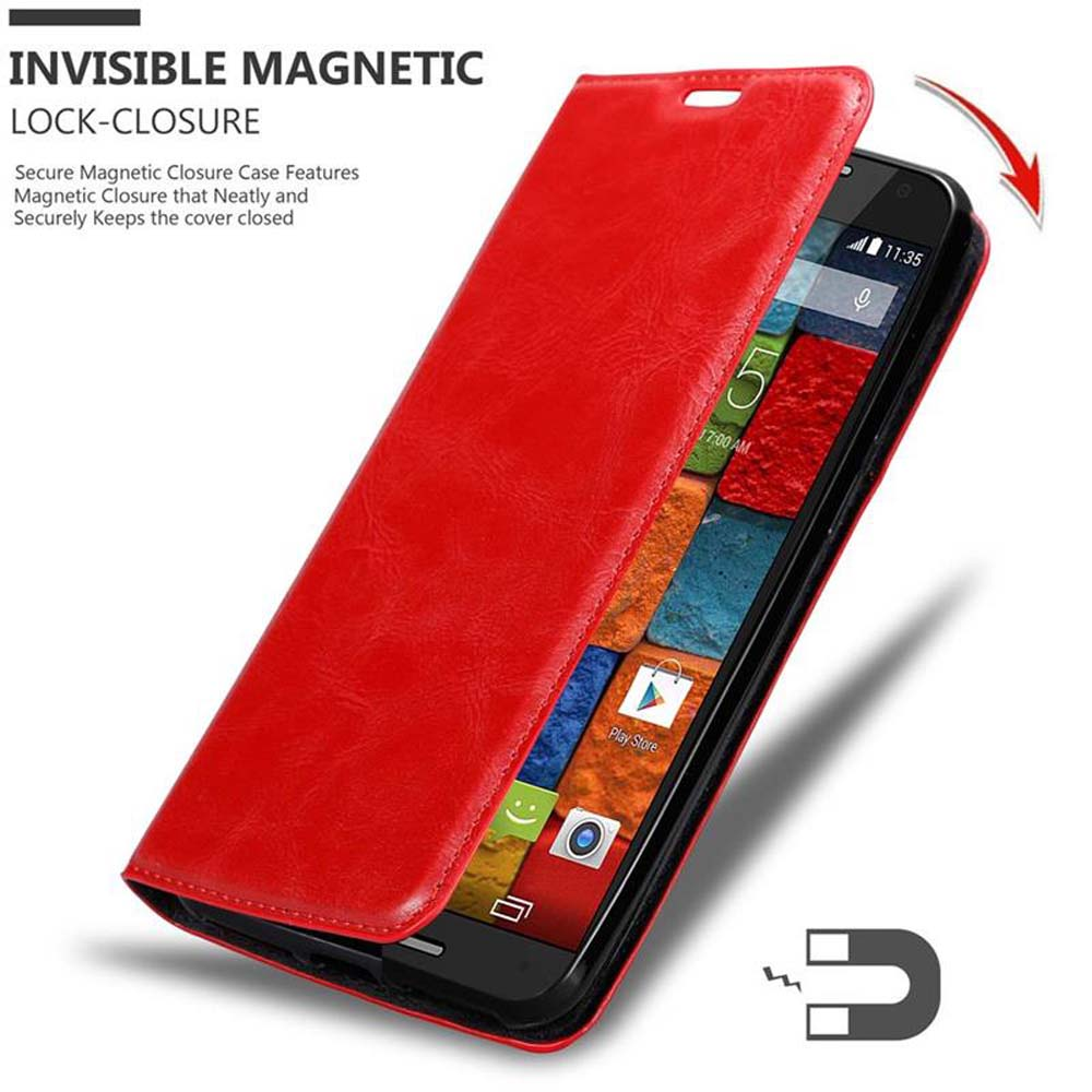Una custodia rossa per telefono aperta, che rivela un telefono con un display colorato.