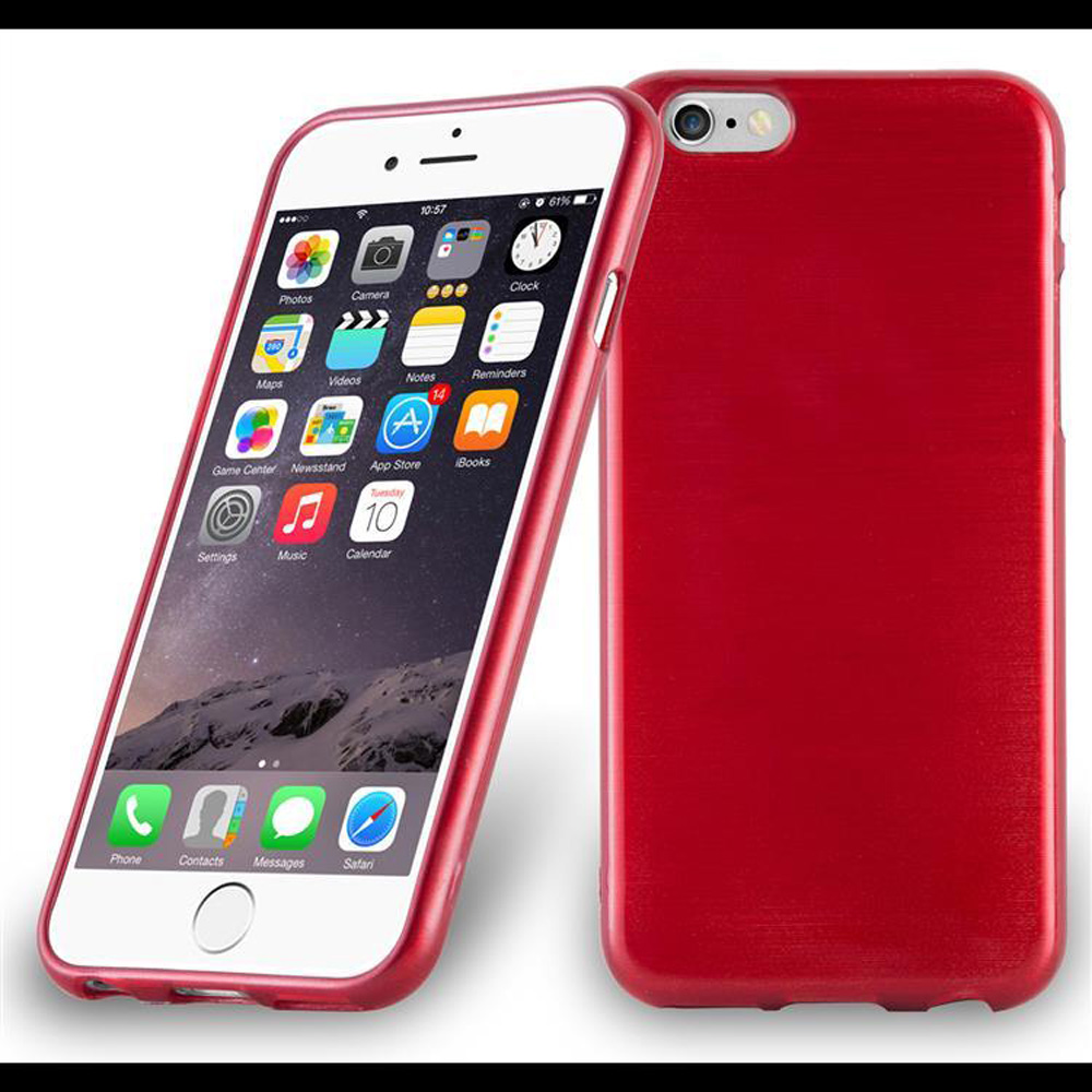 iPhone en funda roja, mostrando el teléfono y la parte trasera.