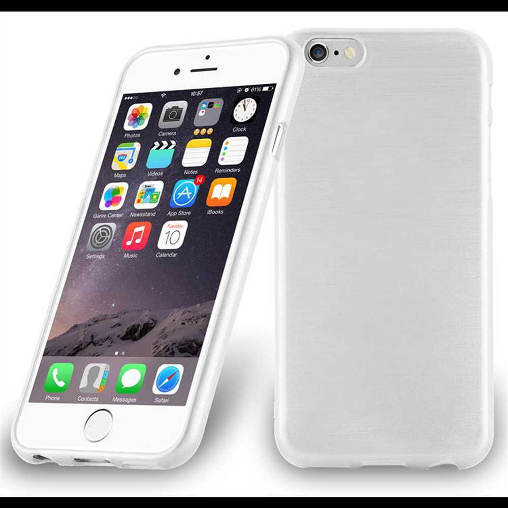 Teléfono blanco con funda blanca. El teléfono muestra íconos de aplicaciones. Fondo blanco.