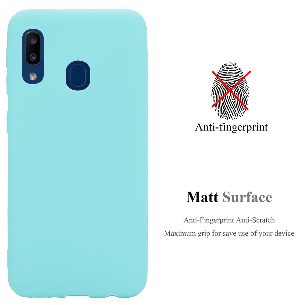 Custodia per telefono azzurra. Testo: Anti-impronte e superficie opaca. L'immagine mostra un grafico delle impronte.
