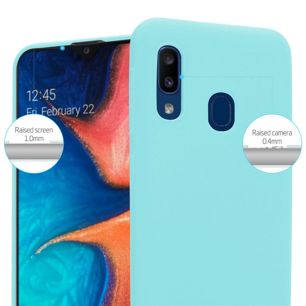 Telefono in una custodia azzurra, con testo che mostra i dettagli dello schermo e della fotocamera rialzati.