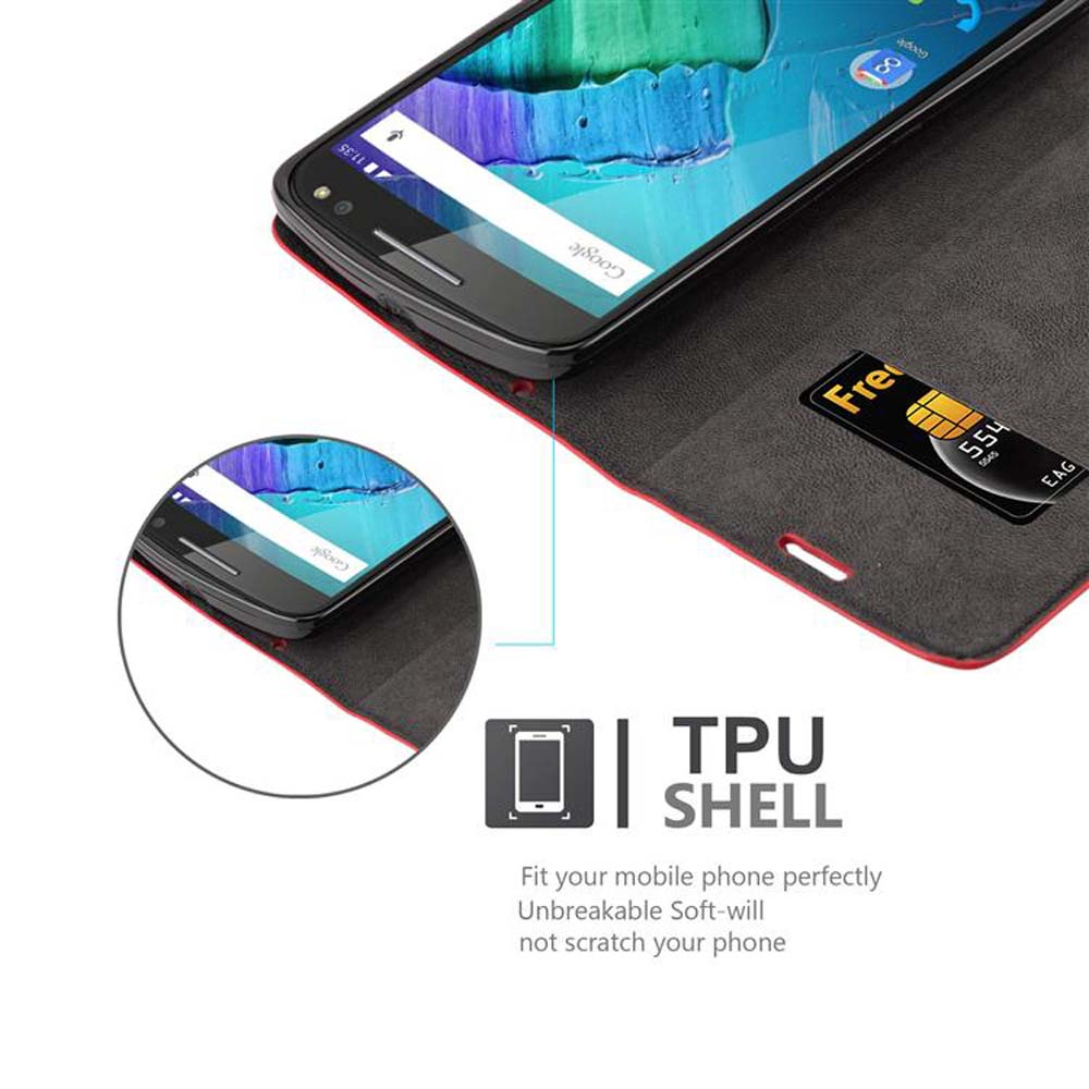Custodia per telefono con telefono dentro. Mostra lo schermo del telefono con una carta nello slot.