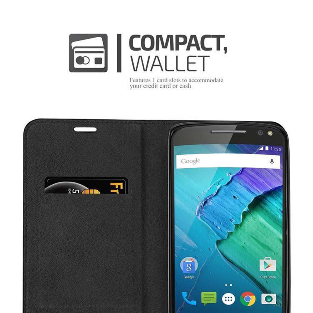 Custodia per telefono nera, stile portafoglio. Slot per schede con scheda. Testo: COMPACT, WALLET. Telefono visibile.