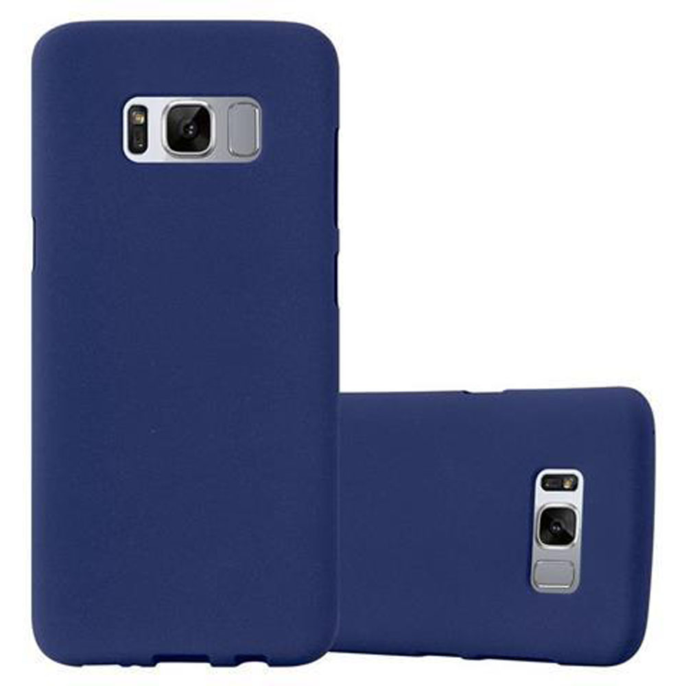 Due custodie per telefono blu navy. Una in piedi, l'altra piatta.