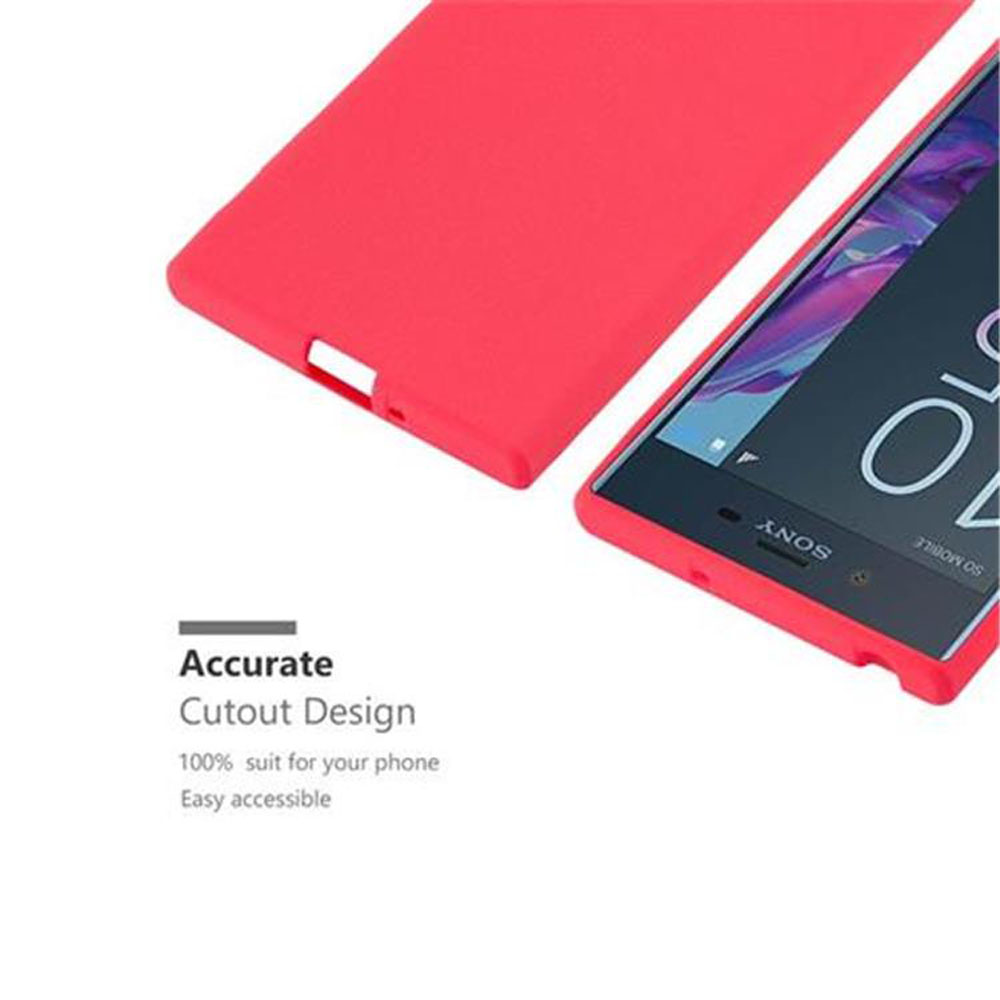 Un telefono e una custodia, con la custodia a destra, rossa. Il testo recita "Accurate Cutout Design" per il telefono.