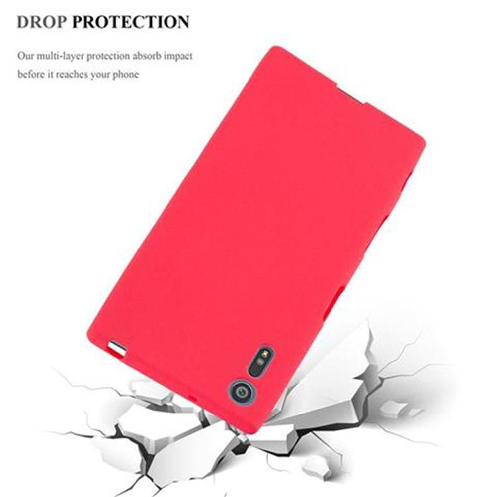 Una custodia rossa per telefono rompe una superficie, con testo di protezione da cadute.