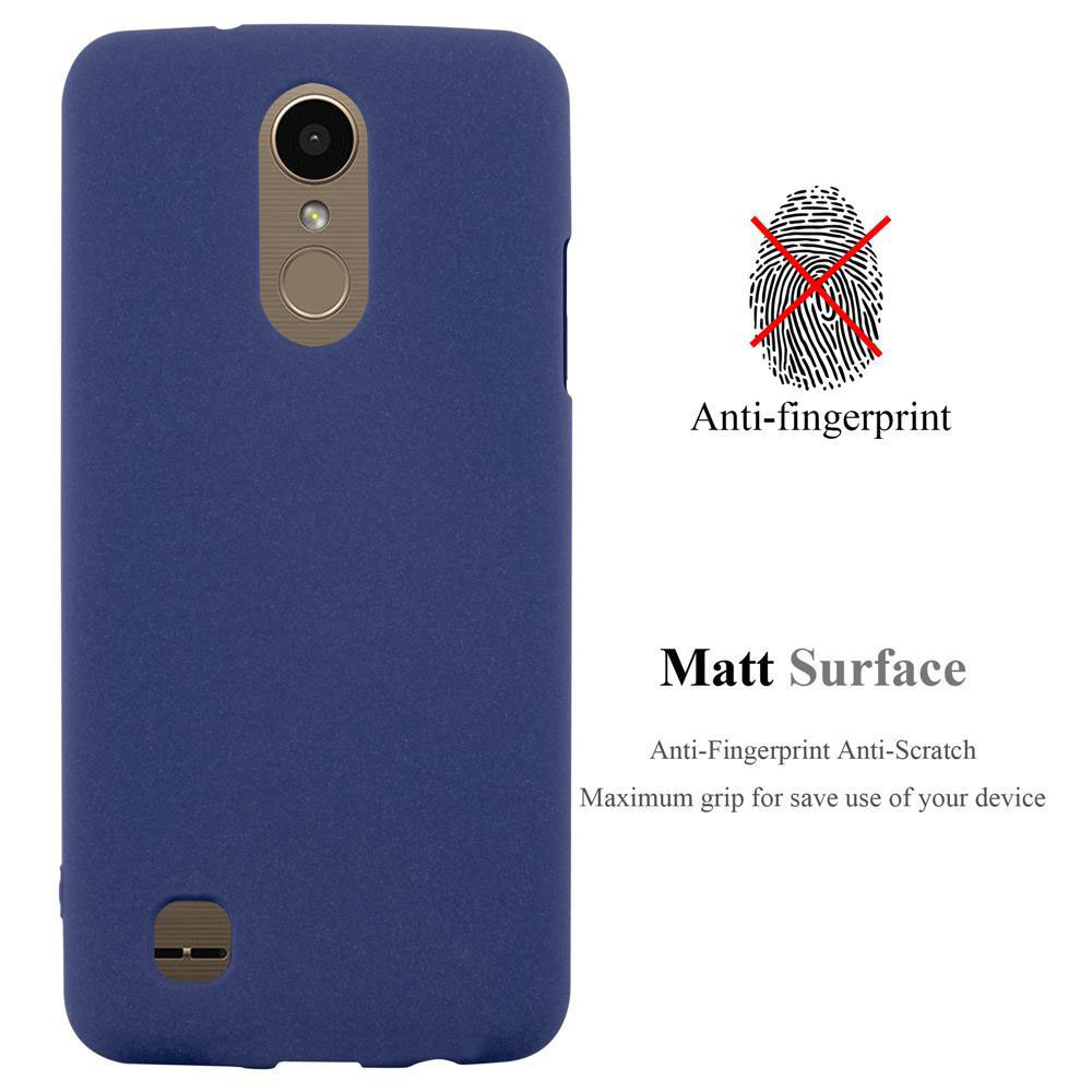 Custodia del telefono blu. Testo: Anti-impronte, superficie opaca. Antigraffio, presa.