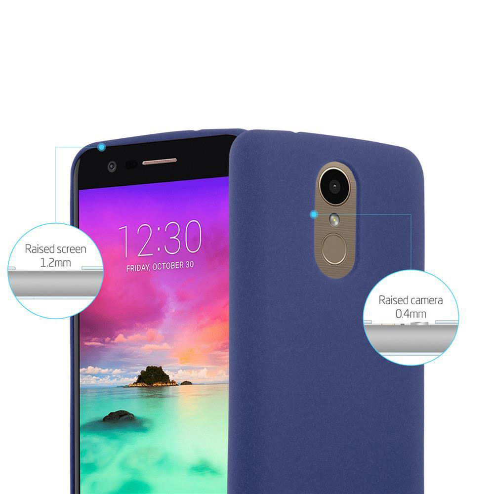 Due telefoni con custodia blu, uno mostra l'ora e un dettaglio della custodia.