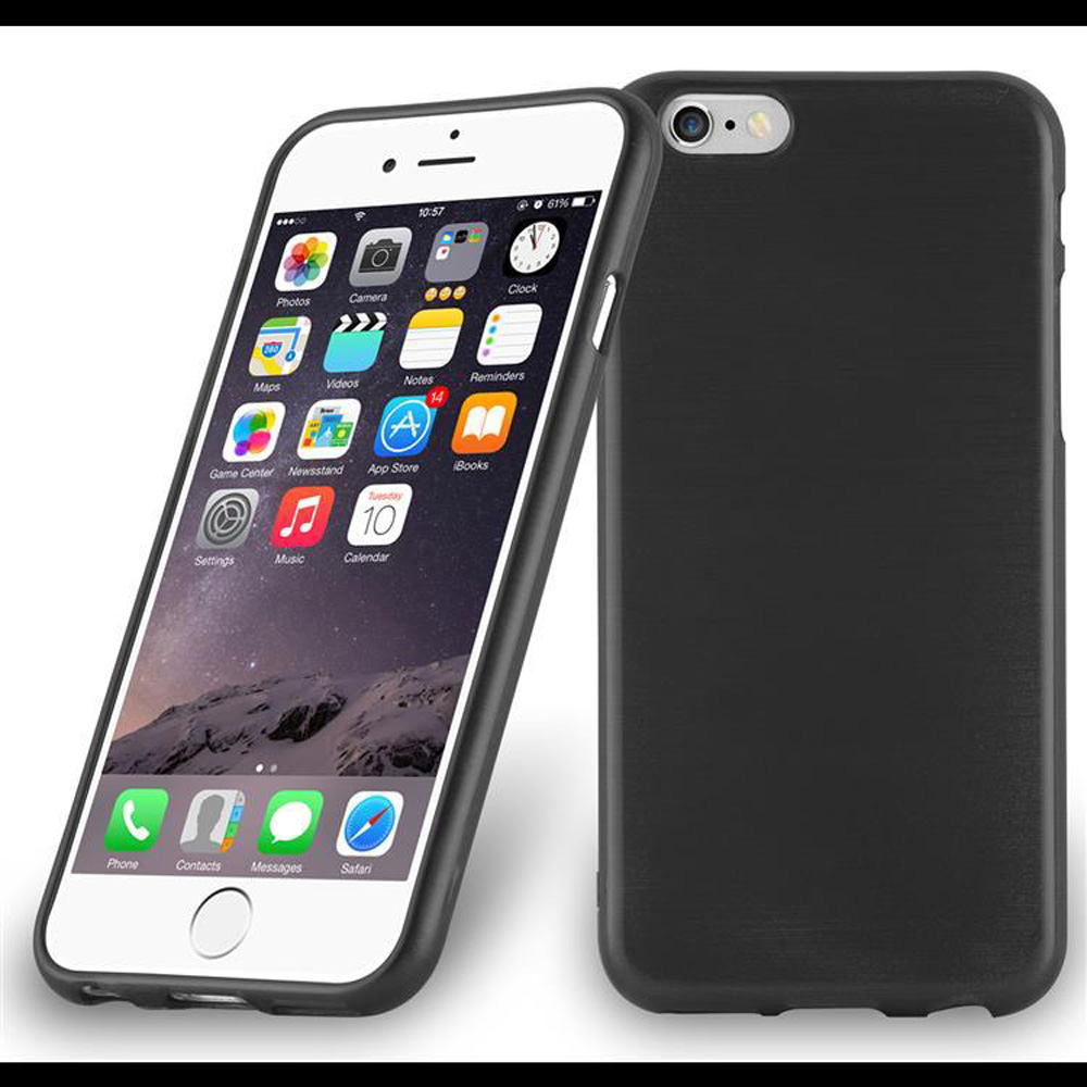 Teléfono negro con funda, con la pantalla mostrando iconos y una cubierta.
