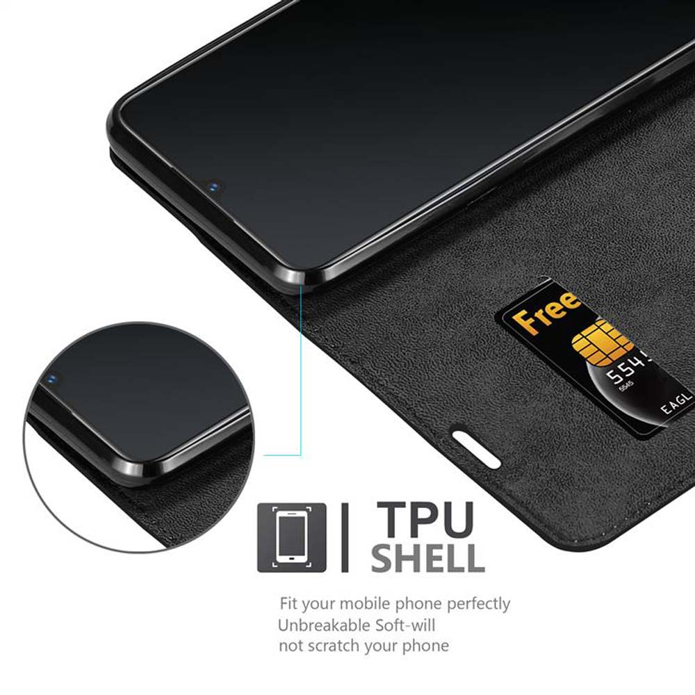 Custodia nera per telefono con una carta inserita. Testo: Guscio in TPU, infrangibile, morbido, non graffia il telefono.