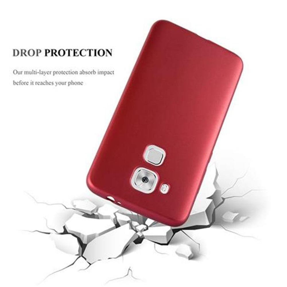 Funda de teléfono roja cayendo y golpeando una superficie, formando grietas.