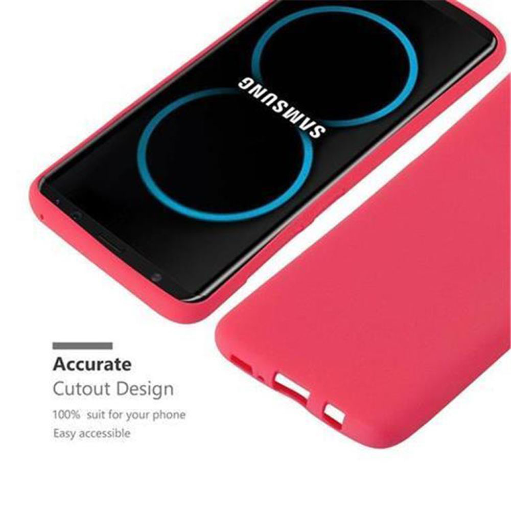 Custodia rossa per telefono con telefono nero all'interno. Il telefono ha un display blu. Sfondo bianco.