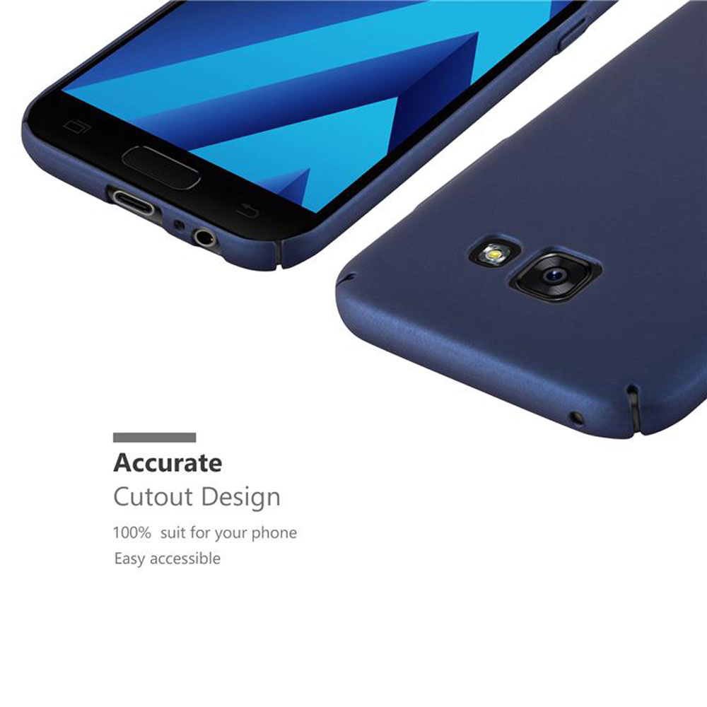 Due telefoni, uno blu, che mostrano la parte superiore e posteriore, con testo che descrive il design del ritaglio.
