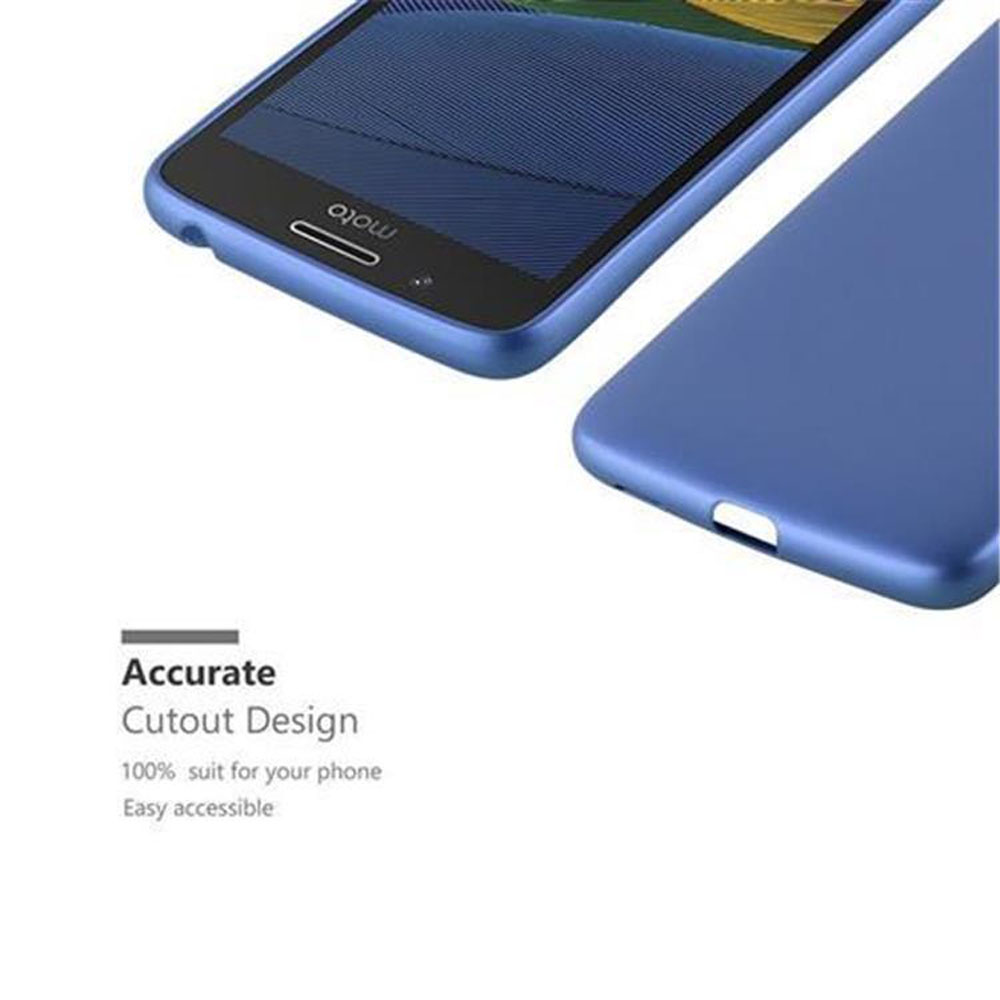 Due custodie blu per telefono. Le custodie sono su sfondo bianco, con testo che sottolinea un design di ritaglio accurato.